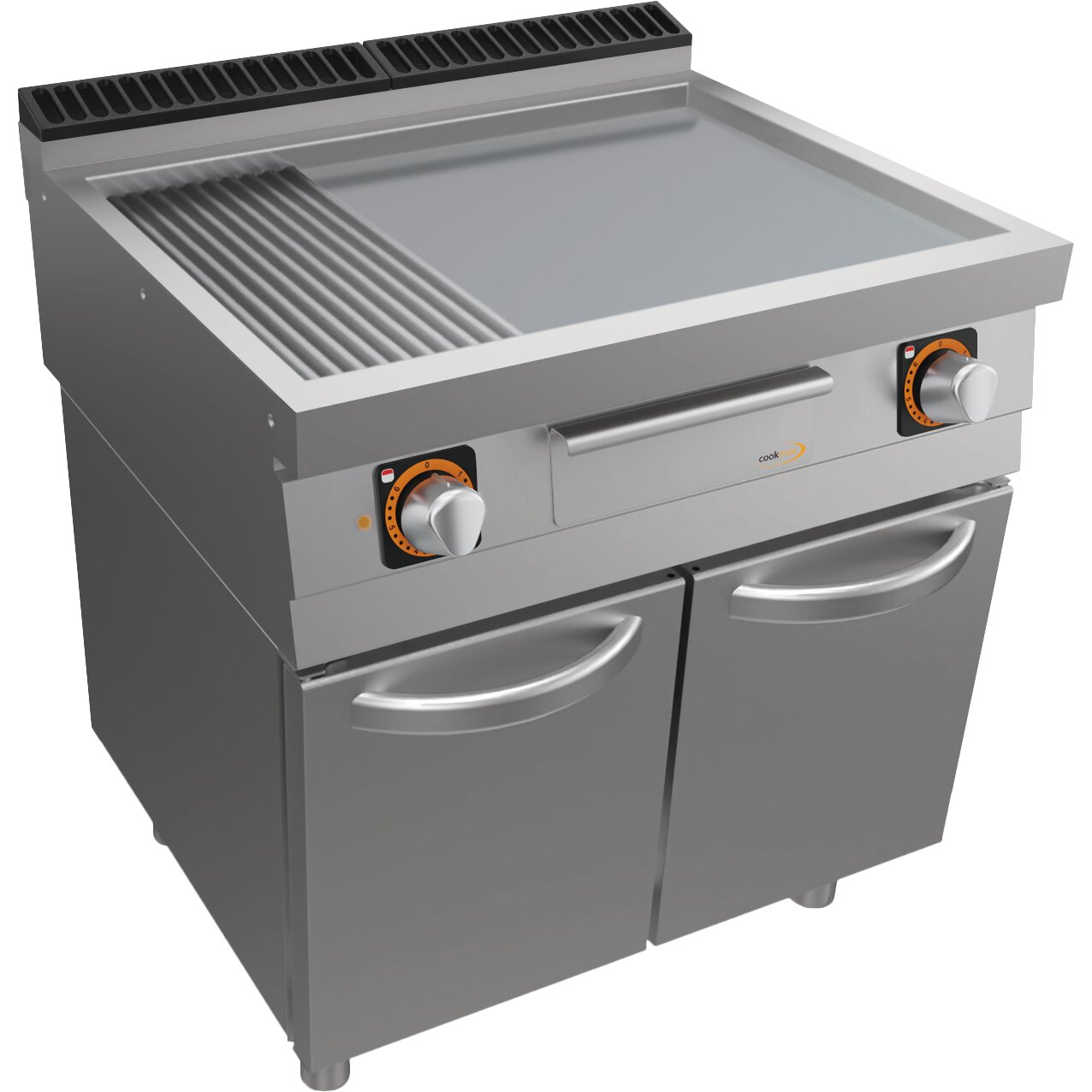 Elektro-Grillplatte, 1/3 gerillt + 2/3 glatt, mit Unterbau mit Türen